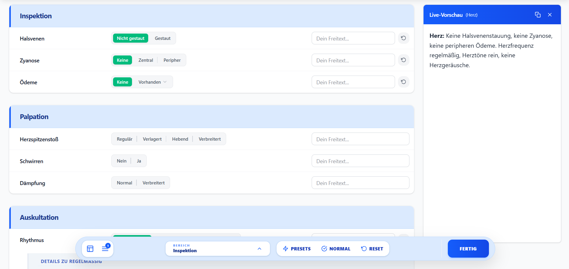 Befundformular für Herzstatus mit ausgefüllten Feldern und Live-Vorschau