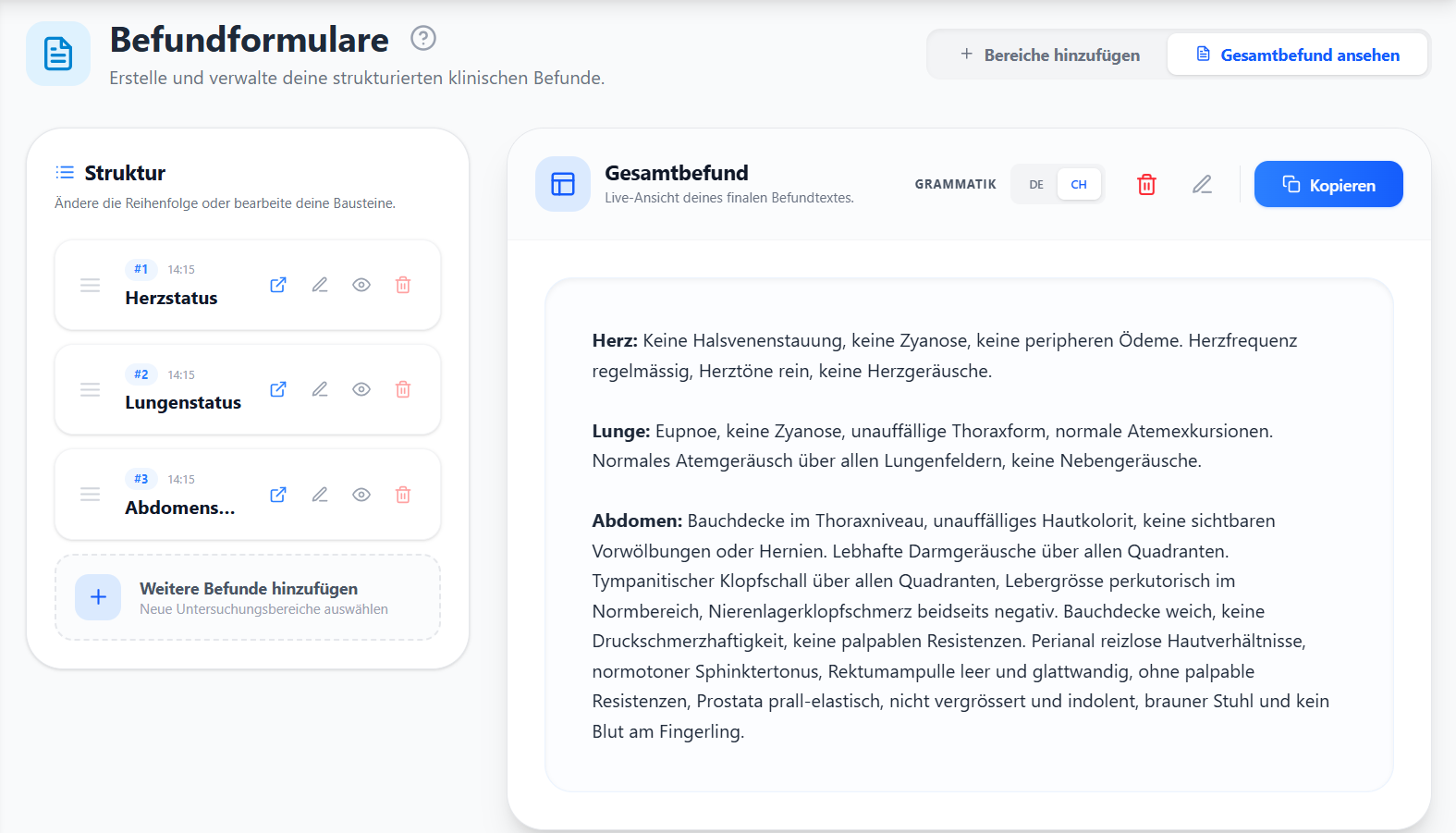 Übersicht der verfügbaren Befundformulare im Dashboard