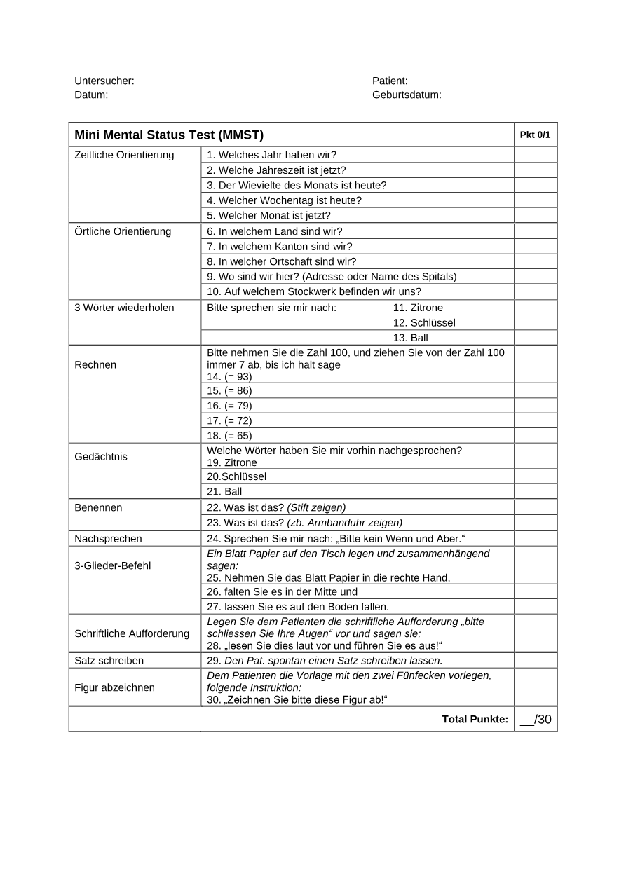 Vorschau für Mini Mental Status Test (MMST) und Uhrentest